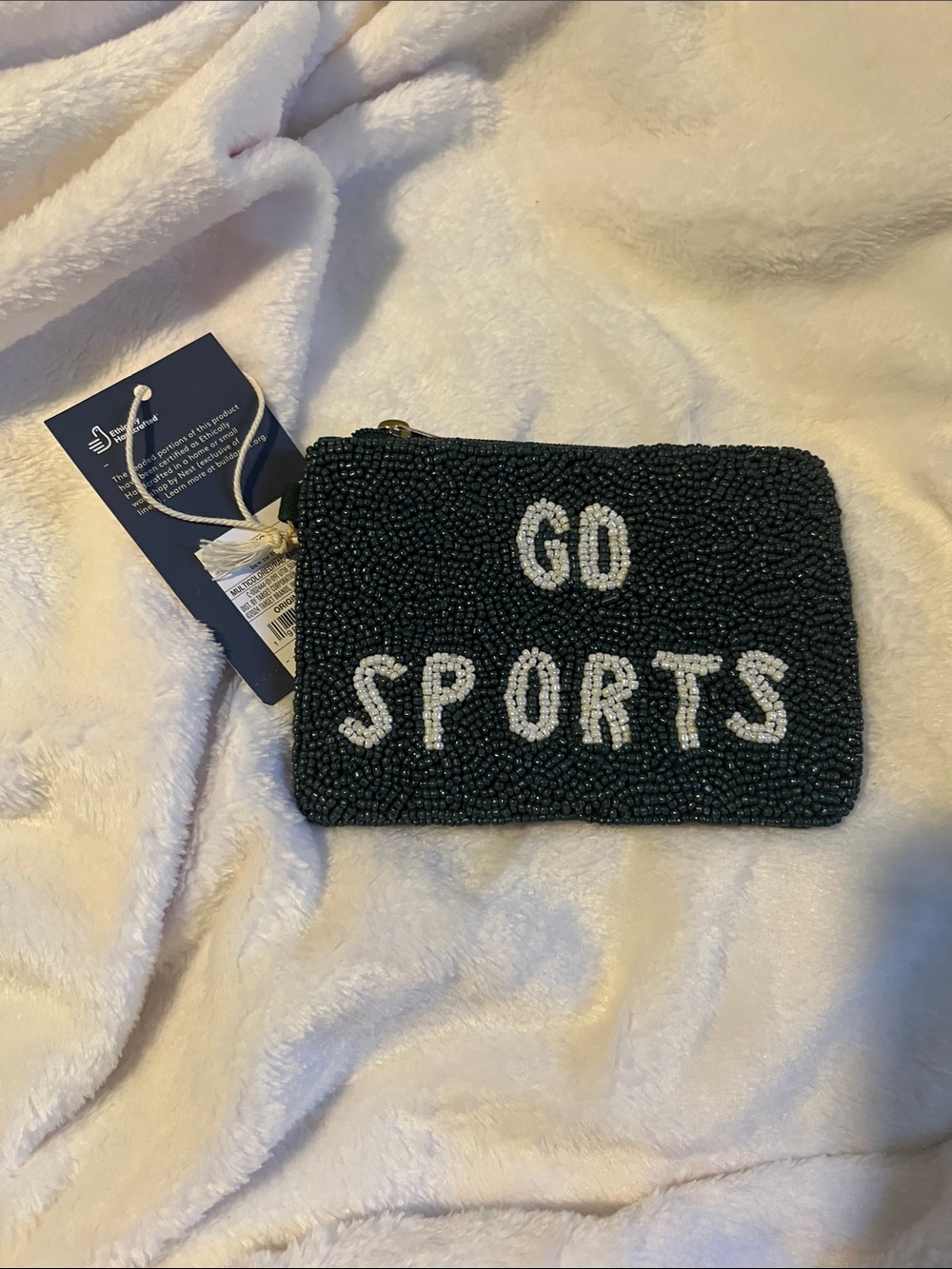 Beaded 'GO SPORTS' Zip Pouch - Dark Green